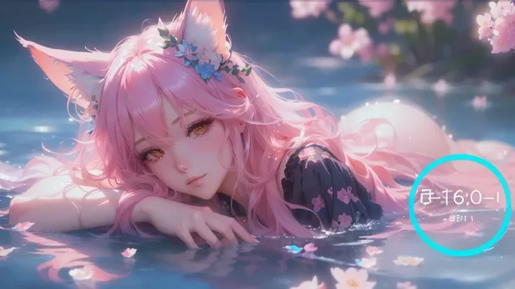 Close-up：A person lying in the water，The hair is pink, Gu Weiss, artwork in the style of Gu Weiss, Beautiful fantasy anime, Gu Weiss masterpiece, Beautiful anime, Popular on cgstation, Beautiful anime catgirl, Anime style. 8K, Beautiful anime scene, Gu Wei...