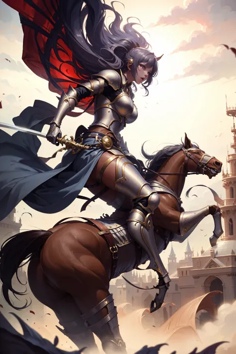 sexy swordsman knight woman riding on a horse on the battlefield