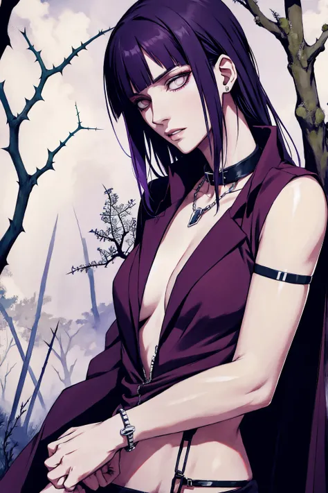 hyuuga hinata, cabelo roxo, pale skin, punk rock clothes, collar of thorns around the neck, thorn bracelets on wrists, in the middle of a forest