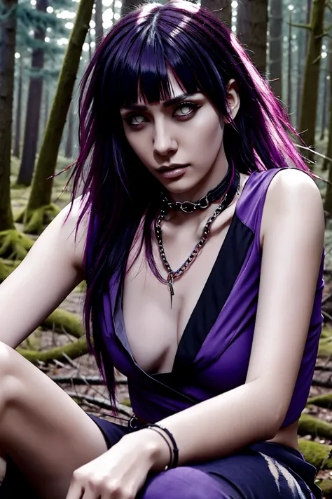 hyuuga hinata, cabelo roxo, pale skin, punk rock clothes, collar of thorns around the neck, thorn bracelets on wrists, in the middle of a forest