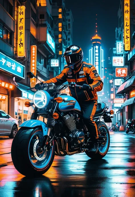 (motorcycle), On the city streets at night, 身穿黑色皮夹克的亚洲骑手驾驶着耀眼的定制哈雷戴维森motorcycle. Car lights pierce the darkness, The tire rubs against the ground, Let out a low roar. The background is a neon city night scene, whole body, (photography), panoramic, The awar...