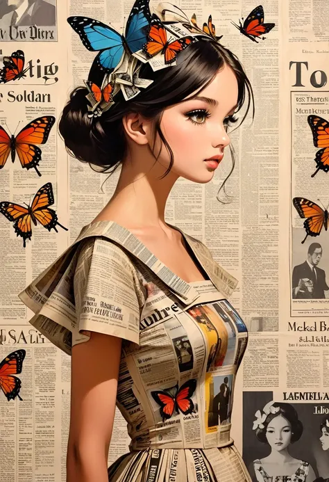 side view girl, solitary, wearing a magazine cover dress, delicate facial features and long eyelashes, a butterfly landed on her...