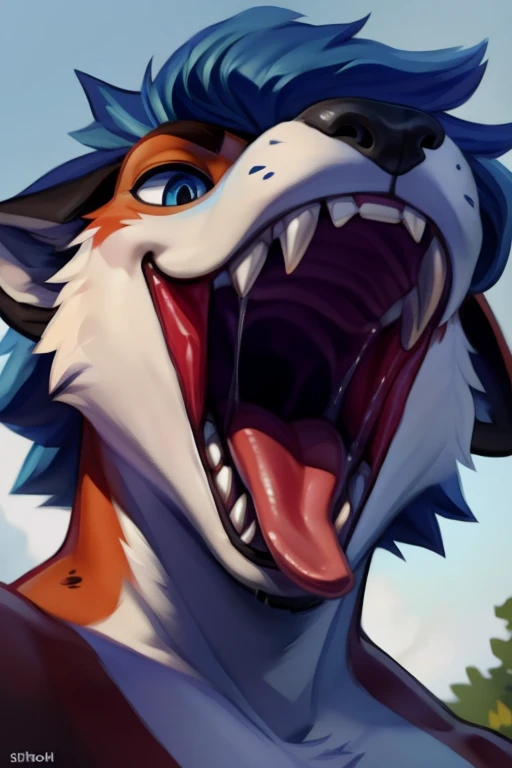 From the chest up, maw shot of his wide open mouth ,(((macro in size, super wide open mouth, vore, tongue out, mouth wide open,  with his mouth wide open and macro vore , vore, mouth wide open, ((dark blue hair)) ))) ,  looking at viewer , big chest , day,...