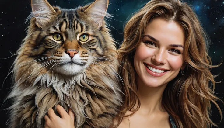 half  body,
a woman smile  with her best friend her Maine Coon,
dark complex background, style by Thomas Kinkade+David A. Hardy+Carne Griffiths+Mandy Disher half vivid colors fine art, best quality, high detailed, detailed faces, 2d,