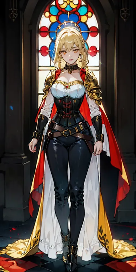 tiffany towers full body of paladin lady in ornate golden armor, black collar, pauldrons, breastplate, corset, glowing halo, sin...