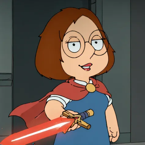  meg, (((1girl, solo, alone, short brown hair, glasses))), shortstack, flat color, looking at viewer,   parted lips,

  red cape, nighttime, darkness, extremely dark, shadows, chiaroscuro, seductive smile, upper body, holding glowing sword

 dynamic pose, ...