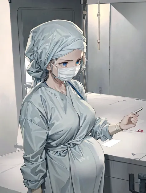 Score_9, Score_8_up, Score_7_up, source_anime, pale skin, surgical mask, surgical cap, long sleeve surgical gown,
1 girl, pregnant, solo, rubber gloves, looking down, frowning, operating bed, in the operating room, standing,