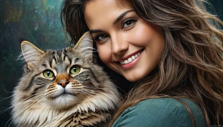 half  body,
a woman smile  with her best friend her Siberian cat,
dark complex background, style by Thomas Kinkade+David A. Hardy+Carne Griffiths+Mandy Disher half vivid colors fine art, best quality, high detailed, detailed faces, 2d,