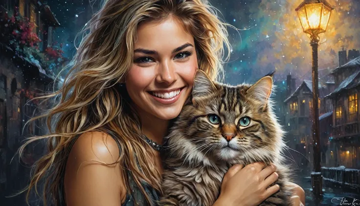 half  body,
a woman smile  with her best friend her Siberian cat,
dark complex background, style by Thomas Kinkade+David A. Hardy+Carne Griffiths+Mandy Disher half vivid colors fine art, best quality, high detailed, detailed faces, 2d,