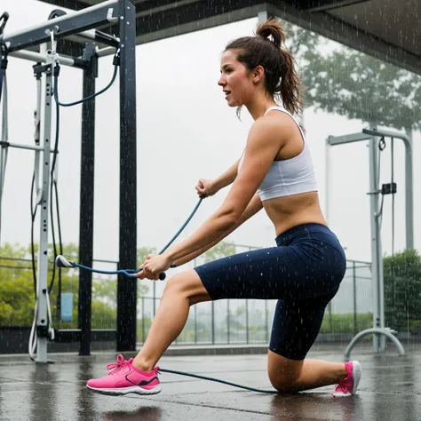 Woman jumping rope at the gyn very sweaty in the rain