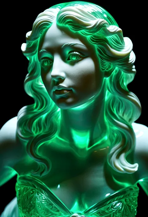 a statue carve from crystal glass, Aphrodite, beauty face, perfect anatomy, full body, (transparency 1.5) green-color luminescent, (upper tight, shot) low angle camera, (lower view 1.6) from below view