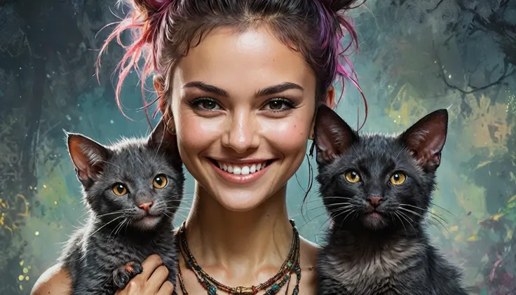 half  body,
a woman smile  with her best friend her Lykoi cat,
dark complex background, style by Thomas Kinkade+David A. Hardy+Carne Griffiths+Mandy Disher half vivid colors fine art, best quality, high detailed, detailed faces, 2d,