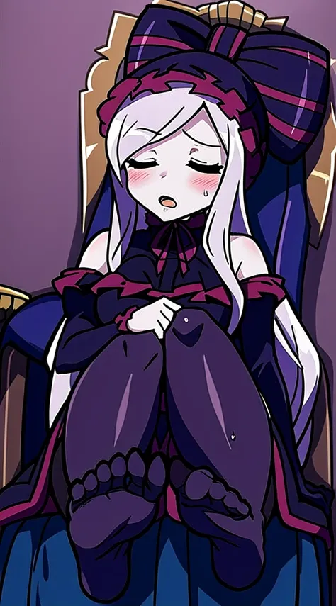 (score_9:1.3), (score_8_up:1.3), (score_7_up:1.3), source_anime, BREAK, 1girl, shalltear sitting on a armchair , long hair, ponytail, red eyes ,half-closed eyes, heavy breathing, open mouth, blush, frilled dress, black dress, bow, vampire, white pantyhose,...