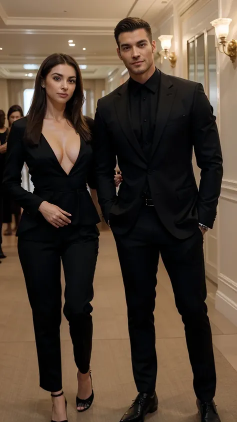 an Argentine woman, a beautiful and detailed woman, she is with a man, they are looking at the camera, (beautiful and detailed face), she is wearing a red dress, He is wearing elegant black clothes,He is wearing a black suit and black pants.full body, musc...