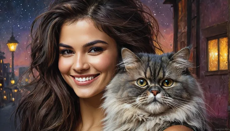 half  body,
a woman smile  with her best friend her Persian cat,
dark complex background, style by Thomas Kinkade+David A. Hardy+Carne Griffiths+Mandy Disher half vivid colors fine art, best quality, high detailed, detailed faces, 2d,