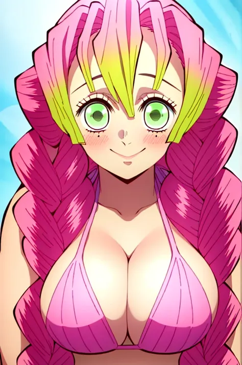 (masterpiece, best quality),  intricate details,
MitsuriKanroji,  kanroji mitsuri, 1girl, solo, long hair, winking, green eyes, pink hair, braid, green hair, twin braids, smile, cute smile, blushed smile, blush, blushing, large breast, huge breasts, bikini...