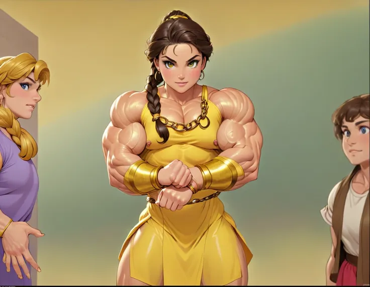 muscle woman with braided brunette hair wearing ancient greek yellow tunic flexing massive muscles wearing yellow metal bracelet...