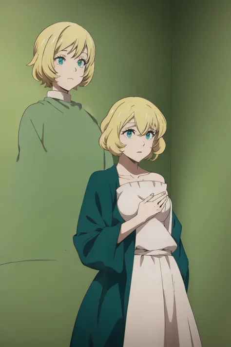 Animated 2D anime girl, Blonde short hair above the shoulders, somewhat curly hair, pale pink lips, pale white skin,blue green eyes, anime 