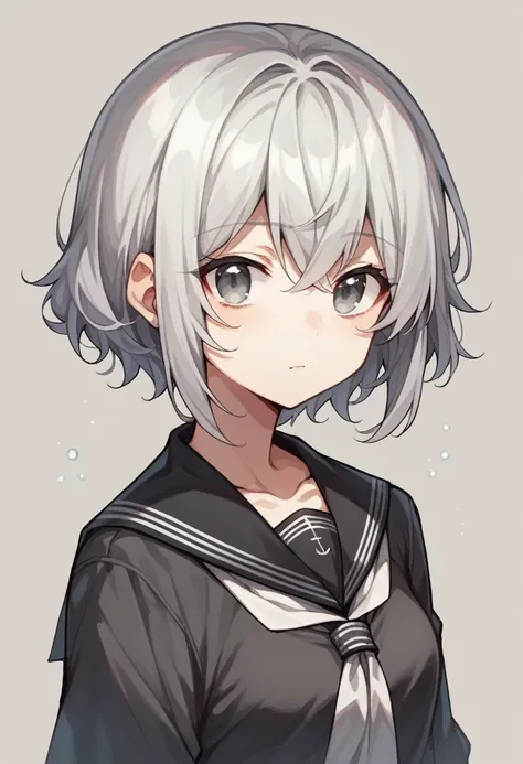 (girl,Silver Hair,Short wavy hairstyle,Grey Eyes,Medium Chest,)Black Sailor Suit,図書館で本を読むgirl