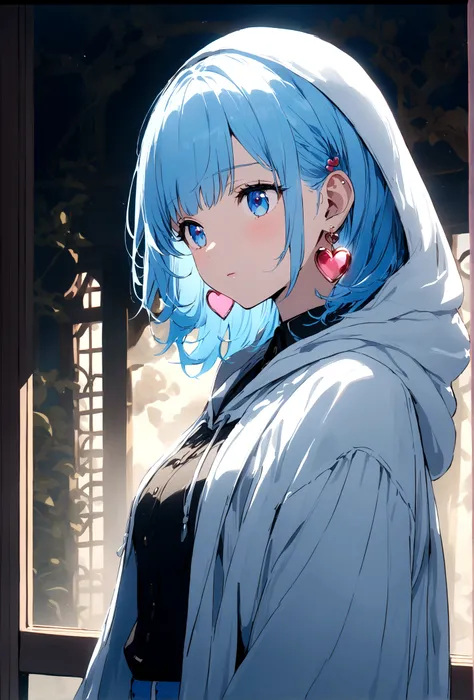 Light blue hair、lattice、Blue eyes、White hood、Heart Earrings、Bend your elbows、girl