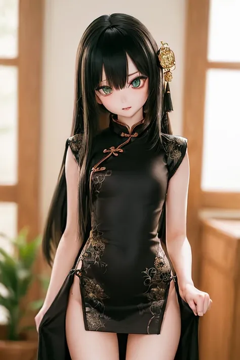 (SFW:2), photorealistic, realistic photo, ((highest quality)), ((masterpiece)), ((extremely detailed)), kukolnydom, doll, 1girl, solo, ((cowboy shot, standing, skinny, slender, slim, china dress, qipao, hair ornament)), green eyes, light smile, parted lips...