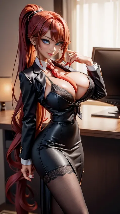 teen sexy japanese businesswoman, red wavy hairs with (side bang), very long (high ponytail), black and (yellow (ornate business suit)), (pencil skirt), (huge fakebreasts:0.7), deep v-cleavage, (lace bra), tanned skin, (long necktie) between breasts, sultr...