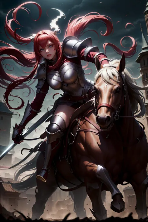 sexy swordsman knight woman riding on a horse on the battlefield