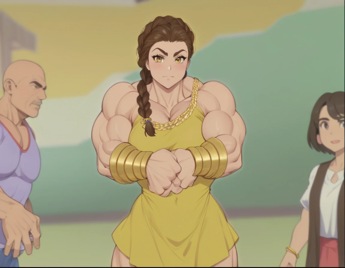 muscle woman with braided brunette hair wearing ancient greek yellow tunic flexing massive muscles wearing yellow metal bracelet, muscle woman, huge muscles, muscle girl, biceps, pecs