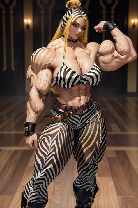 (((Massive tall, beautiful, buff, light brown skinned muscular woman with yellow hair, black lipstick, ginormous bulky muscles and wearing a beautiful zebra printed unbuttoned top with a beautiful zebra printed tight pants))), (close view), massive muscle,...