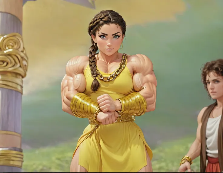 muscle woman with braided brunette hair wearing ancient greek yellow tunic flexing massive muscles wearing yellow metal bracelet...