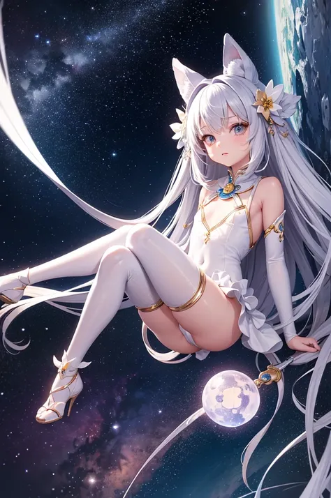 Little Loli，masterpiece, high resolution, best quality, Very detailed,wallpaper，Space starry sky background，Cute and cute，Reproductive organs，A body made of white jade，Silver long hair，Height one meter five，V-shaped jumpsuit，Full body picture