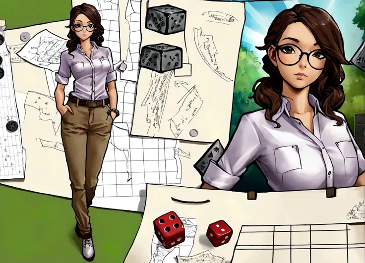 A gorgeous nerd (big glasses, tight hairdo, no make up, button up shirt with pocket protector, plain slack pants), investigating the battle map om the table, her character sheet and dice are nearby
