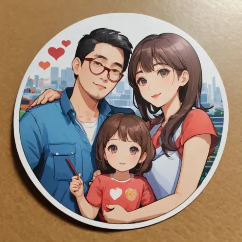 (sticker), (3D anime), ((family of 4 people)), father, mother, eldest daughter, youngest daughter,  fatherและmotherอยู่ด้านนอก, The ball is inside., (in circle background), Very detailed, Detailed diagram, is a vector, 8K, 专业sticker设计, graphic design, Vect...