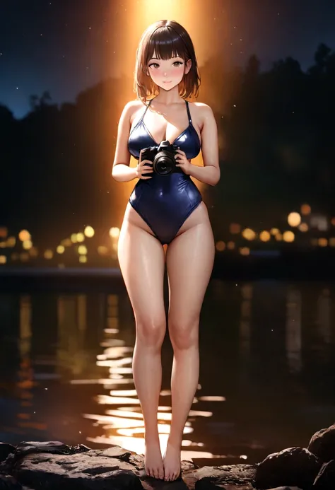 1 girl, Best Quality Masterpiece, high resolution, 18 years old slim cute face big bust swimsuit full body view, realisti, Outdoor, am See , illumination, (high detail skin: 1.2), 8K UHD, dslr, soft lights, High quality, volumetric light, open, photoshot, ...