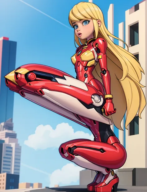 (12 Year Old 1.5), European teen, blonde teen, blonde teen cute face, white skin, girl beautiful face, beautiful baby girl, medium Breasts, Long Legs, fitness body, (sexy mecha Iron man outfit 1.5), naked torso, (black sexy Tiny ironman suit 2.0), (black p...