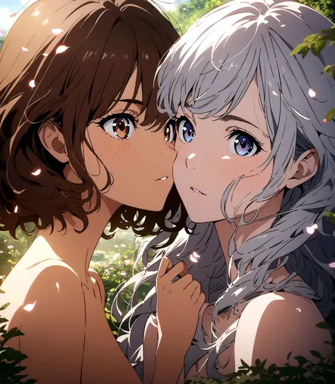 beautiful anime girls, two girls kissing, one girl has short wavy brown hair, the other has silver hair, freckles. Naked, small breasts, petals, dark eyelashes, perfect eyes, perfect face, intricate, intricate details, epic, character portrait, cinematic p...