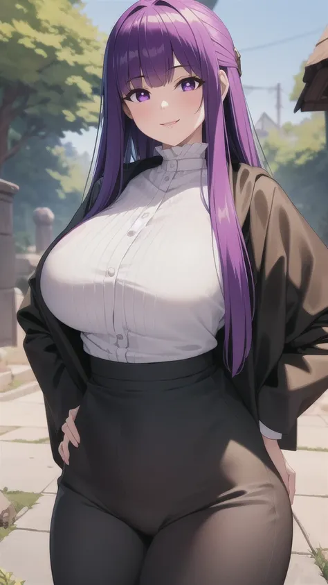 best quality, masterpiece, 1girl, (solo:1.1), raytracing, ultra detailed,detailed face, 8k wallpaper, wide hips, FernNDV, 1girl, purple hair, purple eyes, large breasts, long hair, open clothes, black robe, white shirt, smile, outdoor, hands on hips