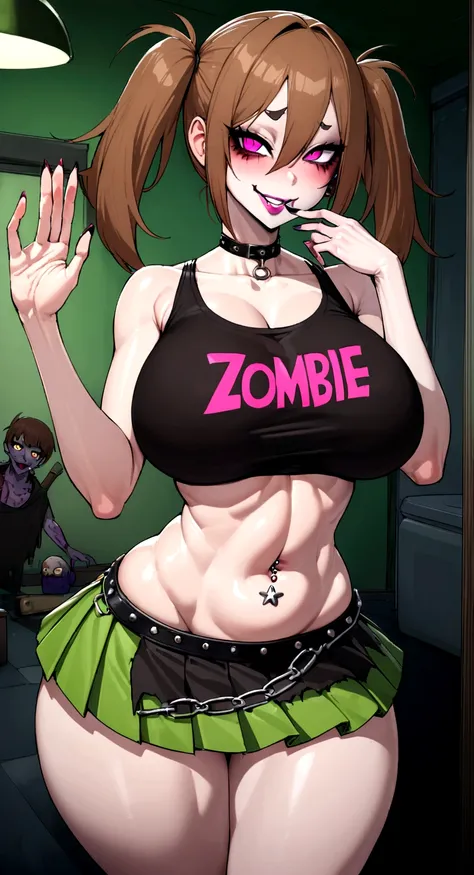 big lips, Brown hair, pink eyes, japanese face, improve, improve grin, two sides up, huge breasts, Wide hips, sexy, detailed, green room, Hits, (evil smile1.4), kawaii, pleated skirt, punk, GOOD, zombie costume, zombie shirt, zombie choker, zombie skirt, d...