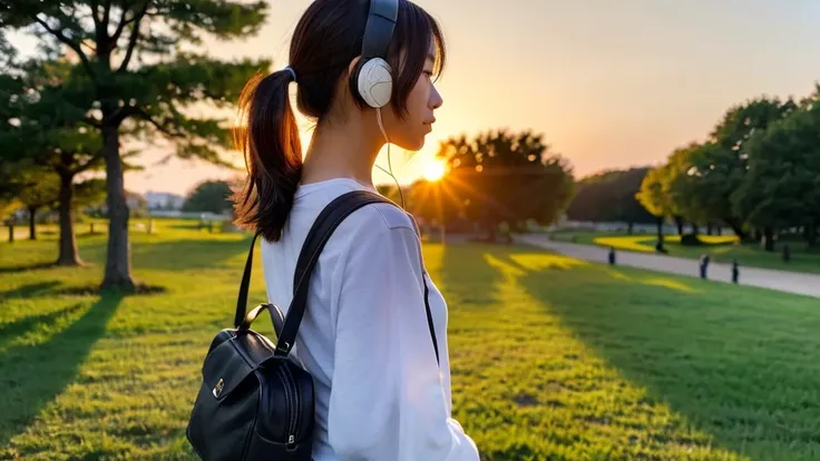 Back view of a young Japanese woman wearing headphones walking in the park with a beautiful sunset。I can&#39;t see your face。 The scene is at dusk、The sun begins to set、街はorange色の光に包まれていく。In the clear, cloudless sky、red、orange、yellow、The pink gradation spr...