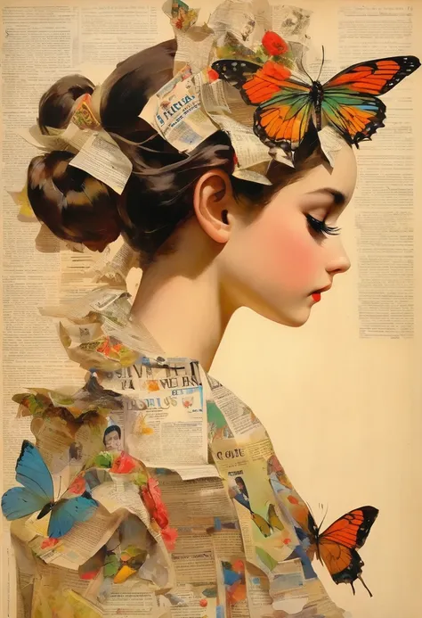 side view girl, solitary, wearing a magazine cover dress, delicate facial features and long eyelashes, a butterfly landed on her...