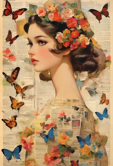 side view girl, solitary, wearing a magazine cover dress, delicate facial features and long eyelashes, a butterfly landed on her...