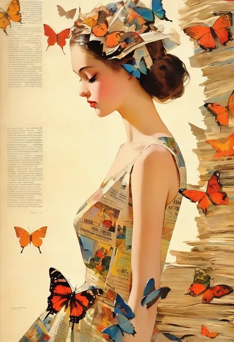 side view girl, solitary, wearing a magazine cover dress, delicate facial features and long eyelashes, a butterfly landed on her...