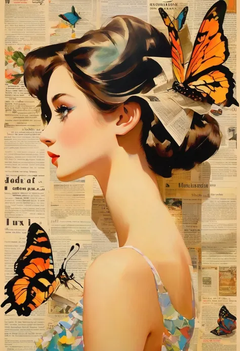 side view girl, solitary, wearing a magazine cover dress, delicate facial features and long eyelashes, a butterfly landed on her...