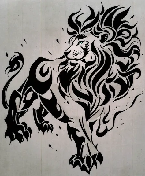 a close up of a drawing of a lion with a large mane, fire lion, 2 d full body lion, ink artwork, drawn on paper, ink art, artistic drawing, sumi ink style, inked drawing, black ink line art, black ink painting, black ink drawing, with the mane of a lion, t...