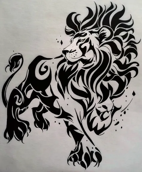 a close up of a drawing of a lion with a large mane, fire lion, 2 d full body lion, ink artwork, drawn on paper, ink art, artistic drawing, sumi ink style, inked drawing, black ink line art, black ink painting, black ink drawing, with the mane of a lion, t...