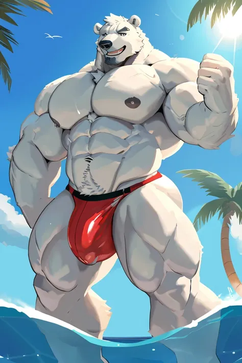 polar bear exaggeratedly muscular, detailed eyes, prominent and dilated veins, alpha male, oily skin, huge pecs (huge: 2.5), sensual expression, nicebulge, sexy pose flexing biceps, huge ass, sexy expression, (full body), wearing white thong (small, tight)...