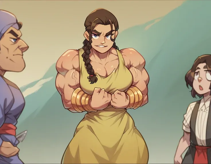 muscle woman with braided brunette hair wearing ancient greek yellow tunic flexing massive muscles wearing yellow metal bracelet, muscle woman, huge muscles, muscle girl, biceps, pecs