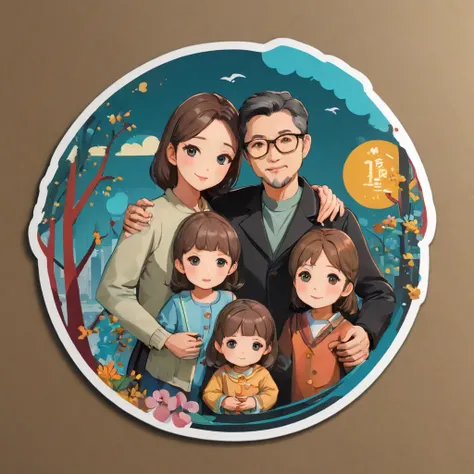 (sticker), (3D anime), ((family of 4 people)), father, mother, eldest daughter, youngest daughter,  fatherและmotherอยู่ด้านนอก, Two children were inside., (in circle background), Very detailed, Detailed diagram, is a vector, 8K, 专业sticker设计, graphic design...