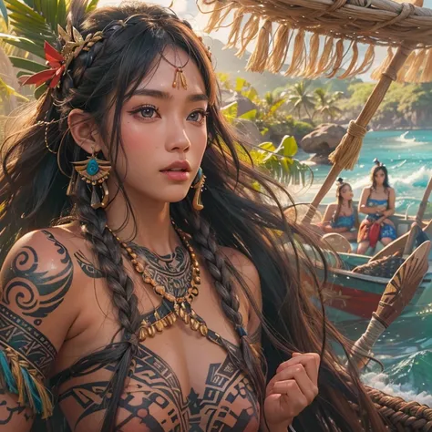 Polynesian Sea、Hair blowing in the wind 、 ((Highest quality、masterpiece、8K、Best image quality、Ultra-high resolution、Award-winning works)、(Accurate anatomy:1.1)、(Look at me and smile:1.0)、Shining fair skin with Ultra-high resolution、The most detailed face、U...