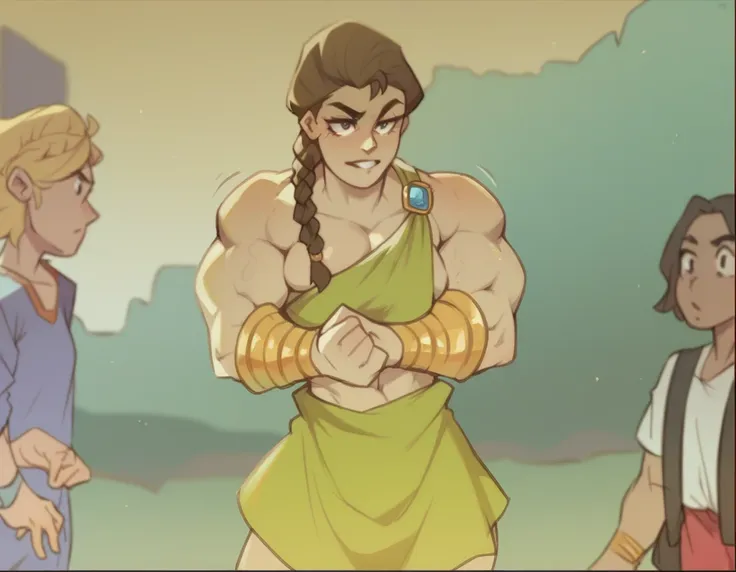 muscle woman with braided brunette hair wearing ancient greek yellow tunic flexing massive muscles wearing yellow metal bracelet...